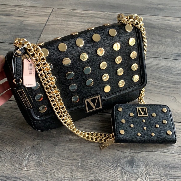 Victoria's Secret Handbags - Victoria’s Secret The Victoria Medium Shoulder Bag & Wallet Black Lily Studded